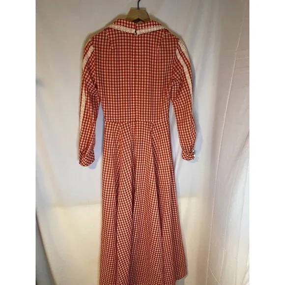 Vtg 1970’s Coco California Red Gingham Lace Prairie Dress Cottagecore - Picture 2 of 3